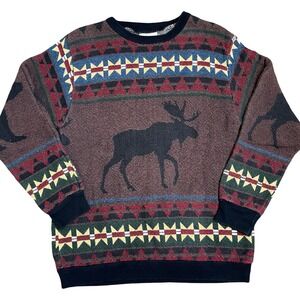 Sugar Street Weavers Moose Bear Fair Isle Sweater‎ Mens One Size Brown Made USA